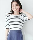 【SALE／30%OFF】natural couture 袖口配色スカラップ強撚ニット(5分袖) ナチュラルクチュール トップス ニット イエロー ピンク グリーン ホワイト ネイビー