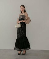 Leja Leja-フラワースパンコールチュールフリルスリーブIラインワンピースドレス結婚式 レジャ ワンピー…
