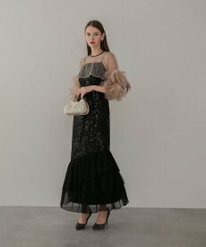 Leja Leja-フラワースパンコールチュールフリルスリーブIラインワンピースドレス結婚式 レジャ ワンピース・ドレス ドレス ブラック グレー【送料無料】