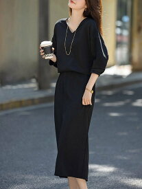 Doux Belle Vネックトップス&スリットロングスカートセットアップ レディース セットアップ ドゥー・ベル スーツ・フォーマル セットアップスーツ ブラック【送料無料】
