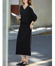 Vネックトップス&スリットロングスカートセットアップ レディース セットアップ