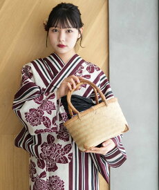 Nico@ntique ニコアンティーク 高級変わり織 浴衣3点セット 大正浪漫えんじ縞と牡丹の染分け ウタタネ 着物・浴衣・和装小物 浴衣 レッド【送料無料】