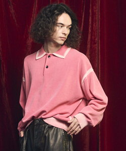 MAISON SPECIAL High Twist Pigment Bleach Prime-Over Long Sleeve Knit Polo Shirt ���]���X�y�V���� �g�b�v�X �|���V���c �u���b�N �s���N�y���������z