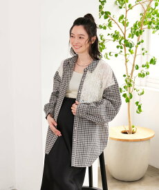 LEPSIM 【産前・産後対応】マタニティ/レース切り替えチェックシャツ レプシィム マタニティウェア・ベビー用品 マタニティトップス ブラック ベージュ【送料無料】