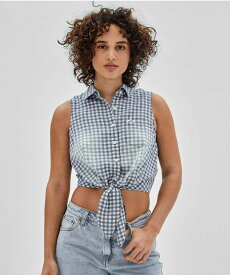 【SALE／30%OFF】GUESS (W)Gingham Tie-Front Top ゲス トップス ノースリーブ・タンクトップ ブルー【送料無料】