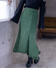 【SALE／30%OFF】clear ツイード裾フリンジマーメイドスカート クリア スカート ミディアムスカート ブラック グリーン