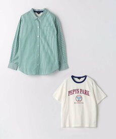 【SALE／70%OFF】UNITED ARROWS green label relaxing ストライプ オーバーサイズシャツ + Tシャツ セット 150cm-160cm ユナイテッドアローズ アウトレット トップス シャツ・ブラウス ネイビー