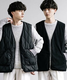 【SALE／40%OFF】Rocky Monroe ひょうたんキルト*フリース 2WAYリバーシブル中綿入り前開きベスト ロッキーモンロー トップス ベスト・ジレ グレー ブラック カーキグリーン