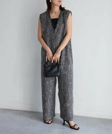 【SALE／42%OFF】Riberry 深Vネックツイードサロペット リベリー オールインワン・オーバーオール オーバーオール・サロペット ブラック【送料無料】