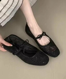 FReePLACe FReePLACe/(W)シアー レース リボン フラットシューズ ミニョントレフル ルームヨンマルサンセレクティッド シューズ・靴 パンプス ブラック【送料無料】