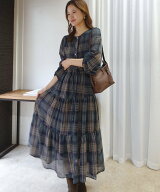 CORNERS チェックシフォンティアードワンピース コーナーズ ワンピース・ドレス ワンピース ブラウン グ…