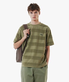 LACOSTE オーバーサイズ パイル地切り替え同色ボーダーTシャツ ラコステ トップス カットソー・Tシャツ ブルー カーキグリーン ネイビー ブラック ホワイト【送料無料】