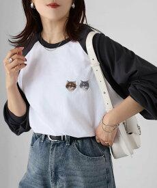 【SALE／39%OFF】Riberry ネコ刺繍ラグランロンT リベリー トップス カットソー・Tシャツ ホワイト グレー