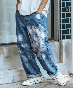 CAMBIO mp13120-Random Bleach Wide Straight Denim Pants ���C�h�X�g���[�g�f�j���p���c �J���r�I �p���c ���̑��̃p���c �l�C�r�[ �u���b�N�y���������z