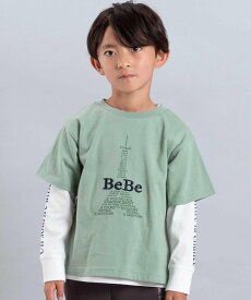 BeBe エッフェル塔ロゴ半袖Tシャツ+袖ラインロゴ長袖Tシャツセット(90~150cm) ベベ オンライン ストア トップス カットソー・Tシャツ ブルー グリーン【送料無料】