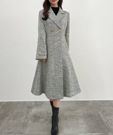 【SALE／23%OFF】JUNOAH CENEA ウエストシェイプツイードロングコート ジュノア ジャケット・アウター チェスターコート ホワイト ブラック【送料無料】