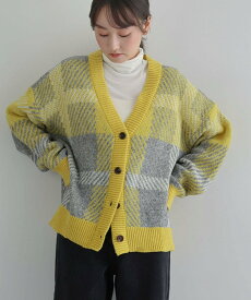 andme モヘアライク チェック ジャガード 長袖 ニット カーディガン アンドミー トップス カーディガン イエロー グリーン ブルー ピンク ベージュ【送料無料】