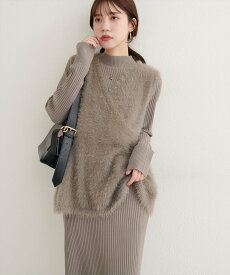 natural couture フェザーペプラムベスト+リブタイトワンピースSET ナチュラルクチュール ワンピース・ドレス その他のワンピース・ドレス グレー ホワイト ブラウン ベージュ【送料無料】