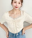 無地&ドット&花柄プリントフロントレース半袖ギャザーリボントップス