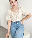 無地&ドット&花柄プリントフロントレース半袖ギャザーリボントップス