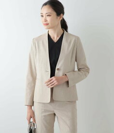 【SALE／41%OFF】NEWYORKER WOMEN 【ウォッシャブル】ドライシャンブレークロス カラーレスジャケット ニューヨーカー ジャケット・アウター テーラードジャケット・ブレザー ベージュ ブルー【送料無料】