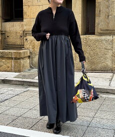 【SALE／10%OFF】Chez toi 異素材ドッキングハーフジップワンピース シェトワ ワンピース・ドレス その他のワンピース・ドレス ベージュ ブラック グレー【送料無料】