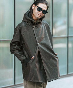 CAMBIO mj10509-Vintage Like Synthetic Leather Poncho Like Hooded Jacket �J���r�I �W���P�b�g�E�A�E�^�[ ���̑��̃W���P�b�g�E�A�E�^�[ �u���b�N�y���������z
