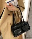 フラップダブルポケットのレザータッチボストンバッグ/トートバッグ