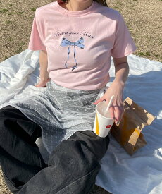 WEGO LADY'S リボンプリントTシャツ ウィゴー トップス カットソー・Tシャツ ピンク ホワイト