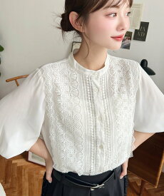 moment+ シフォンジョーゼットスタンドカラーフロントレースシャツ モーメントプラス トップス シャツ・ブラウス ホワイト ブラック ベージュ【送料無料】