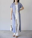 【SALE／35%OFF】PREFERIR 細見えストライプオープンカラーシャツワンピース プレフェリール ワンピース・ドレス シャツワンピース ネイビー ブラック【送料無料】