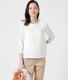 【SALE／18%OFF】NEWYORKER WOMEN 【吸水速乾】コットンポリエステルプレーティング天竺 ピンタック 7分袖カットソー ニューヨーカー トップス カットソー・Tシャツ ホワイト ブルー【送料無料】