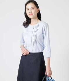 【SALE／18%OFF】NEWYORKER WOMEN 【吸水速乾】コットンポリエステルプレーティング天竺 ピンタック 7分袖カットソー ニューヨーカー トップス カットソー・Tシャツ ホワイト ブルー【送料無料】