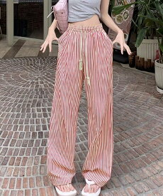 【SALE／30%OFF】miniministore ストライプセミワイドパンツ ハイウエスト ミニミニストア パンツ ジーンズ・デニムパンツ ブラック ブラウン グリーン レッド