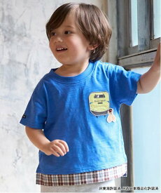 【SALE／60%OFF】petit main 【新幹線】裾チェックアップリケ半袖Tシャツ ナルミヤオンライン トップス カットソー・Tシャツ ブルー ホワイト