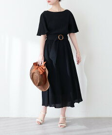 natural couture 【WEB限定】フレア袖太ベルトワンピース ナチュラルクチュール ワンピース・ドレス その他のワンピース・ドレス ブラック パープル ブルー グリーン ベージュ【送料無料】