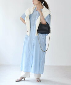 【SALE／20%OFF】quaranciel quaranciel:＜手洗い可能＞ストライプ ジャカード フレアスリーブ シャツワンピース シップス ワンピース・ドレス ワンピース ブルー ブラック【送料無料】