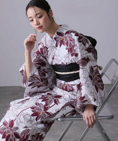 PourVous 大人浴衣レディース2点セット洗える兵児帯女性40代選べる黒シックレトロモダン花柄 プールヴー 着物・浴衣・和装小物 浴衣 ネイビー ワインレッド ベージュ ブラック【送料無料】