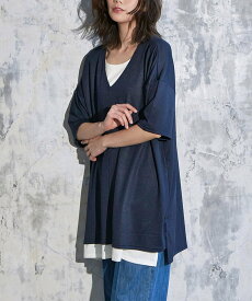 Ranan レイヤード風ニットソー半袖チュニック ラナン ワンピース・ドレス チュニック イエロー ブラック ブルー ベージュ ネイビー グレー カーキグリーン