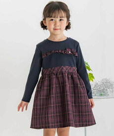 BeBe Petits Pois Vert 【店舗限定】リブ+チェックドッキング長袖ワンピース(95~150cm) ベベ オンライン ストア ワンピース・ドレス ワンピース ネイビー グレー【送料無料】