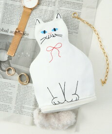 【SALE／30%OFF】cache cache cache cache/ネコ刺繍ポーチ セットアップセブン 財布・ポーチ・ケース ポーチ ホワイト ブラック グレー