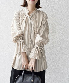 【SALE／20%OFF】SHIPS WOMEN * ＜手洗い可能＞ブロード ストライプ キャンディ スリーブ ブラウス ◇ シップス トップス シャツ・ブラウス ベージュ グレー ブルー ネイビー【送料無料】