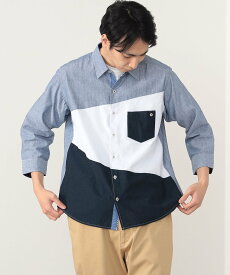 【SALE／40%OFF】BEAMS HEART MEN BEAMS HEART / COOLMAX(R) コットン リネン 切替 7分袖 シャツ ビームス アウトレット トップス シャツ・ブラウス ホワイト ブルー ネイビー【送料無料】