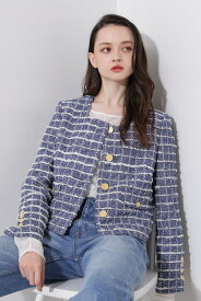 【SALE／30%OFF】PINKY&DIANNE ◆スクエアーネックツイードジャケット ピンキー アンド ダイアン ジャケット・アウター テーラードジャケット・ブレザー ホワイト ブルー【送料無料】