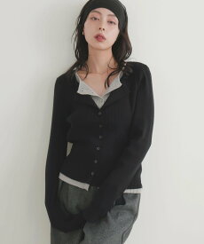 LIAN レイヤードバイカラークルーネックカーディガン リアン トップス ニット ブラック ブラウン グレー レッド【送料無料】