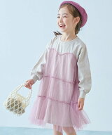 devirock ふんわり チュールドッキング長袖ワンピース 子供服 キッズ 女の子 チュール 26AW デビロック …