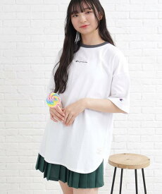 【SALE／50%OFF】PINK-latte 【Champion/チャンピオン】コラボ リンガーチュニックTシャツ ピンク ラテ トップス カットソー・Tシャツ ホワイト グレー