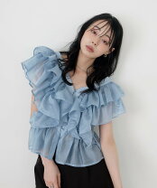 トップス 水色 フリルブラウス ドゥー ベル Doux Belle ボタニカル柄V 