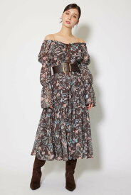 【SALE／50%OFF】rienda レースアップフラワーパターンフレアワンピース リエンダ ワンピース・ドレス ワンピース ブラウン ネイビー ピンク【送料無料】