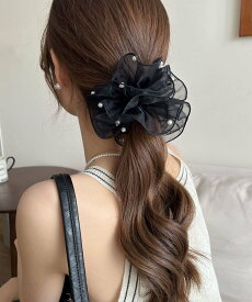 【SALE／35%OFF】miniministore 透け感シュシュ パール 韓国風 ヘアゴム ミニミニストア ヘアアクセサリー その他のヘアアクセサリー ブラック